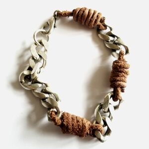 leather and chain bracelet bold chunky brown unisex silver tone